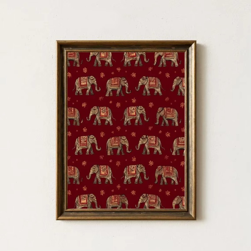 Interior Design Studio - Indisches Elefantenmuster-Druckbild, Rote Textil-Wandkunst, Boho-Tribal-Dekor, Orientalisches